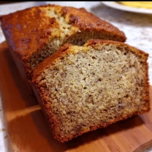 Sliced Simply Perfect Banana Bread on a wooden cutting board