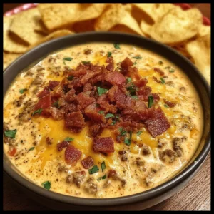 Sizzling Bacon Cheeseburger Queso Dip served in a bowl with chips around it