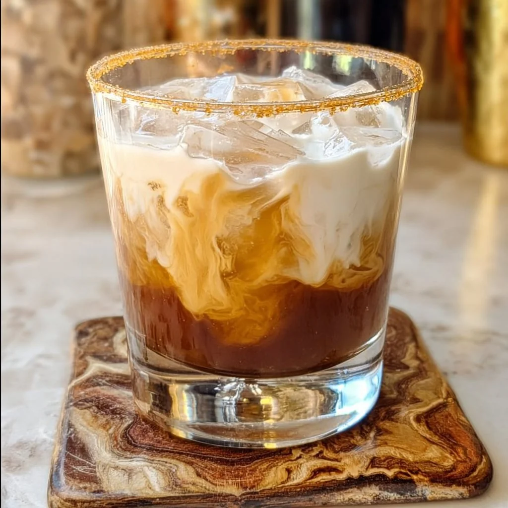 Skrewball White Russian cocktail topped with whipped cream in a glass.