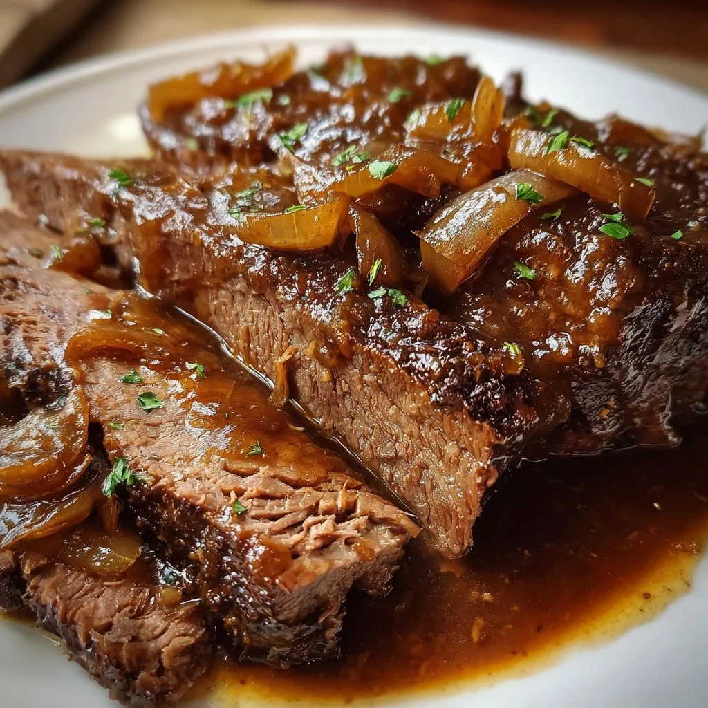 Slow cooker brisket served with balsamic onion gravy on a rustic plate.