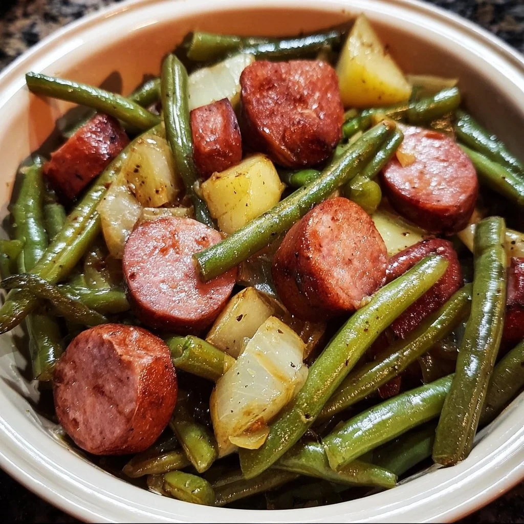 Slow cooker kielbasa with green beans in a delicious meal preparation.