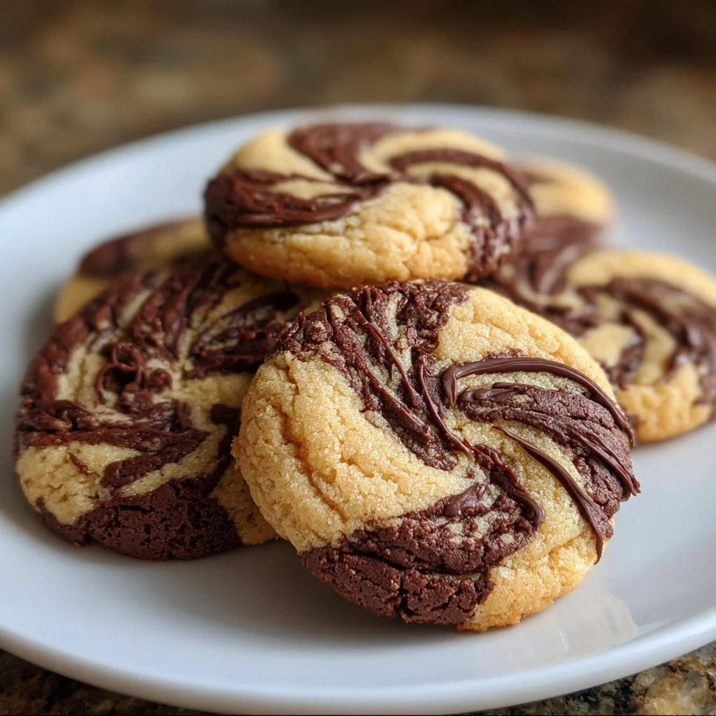 Soft-baked peanut butter chocolate swirl cookies on a white plate