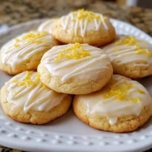 Soft lemon frosted cookies topped with a zesty glaze on a white plate