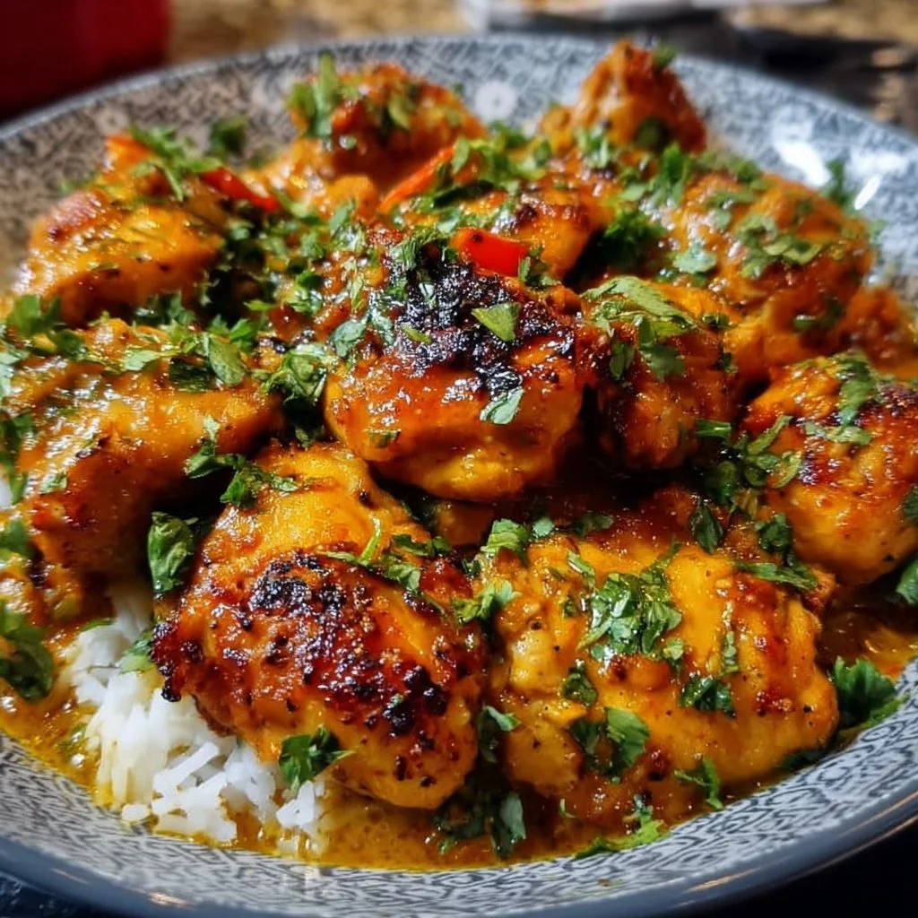 Spicy Brazilian Coconut Chicken garnished with fresh herbs and served on a plate