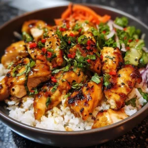Plate of spicy maple chicken served with coconut rice topped with herbs