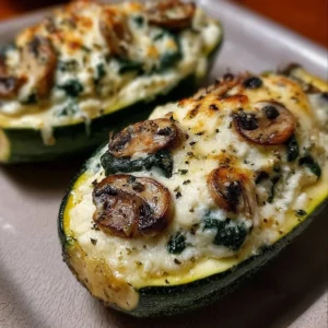 Spinach, Mushroom, and Ricotta Stuffed Zucchini on a white plate