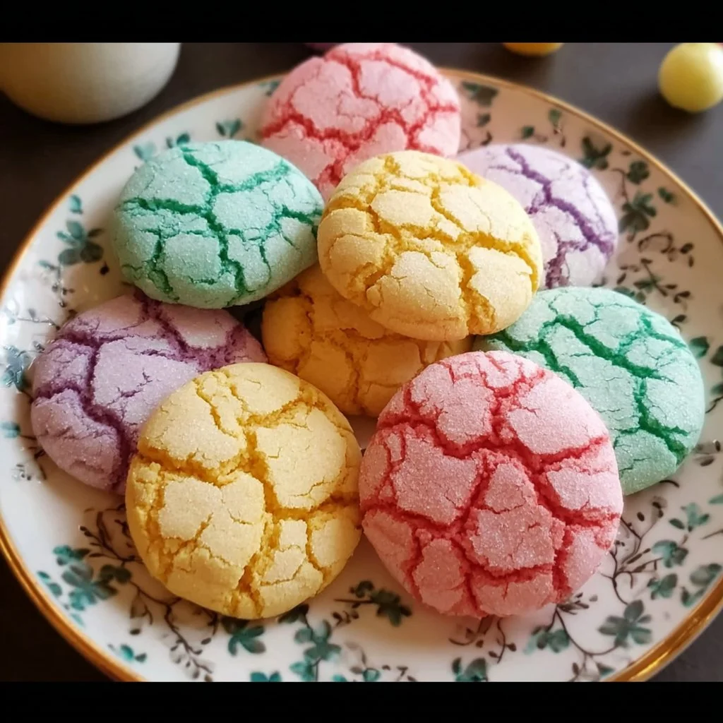 Springtime crinkle cookies dusted with powdered sugar on a plate