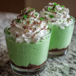 St. Patrick's Day green shake pudding cups decorated with festive sprinkles