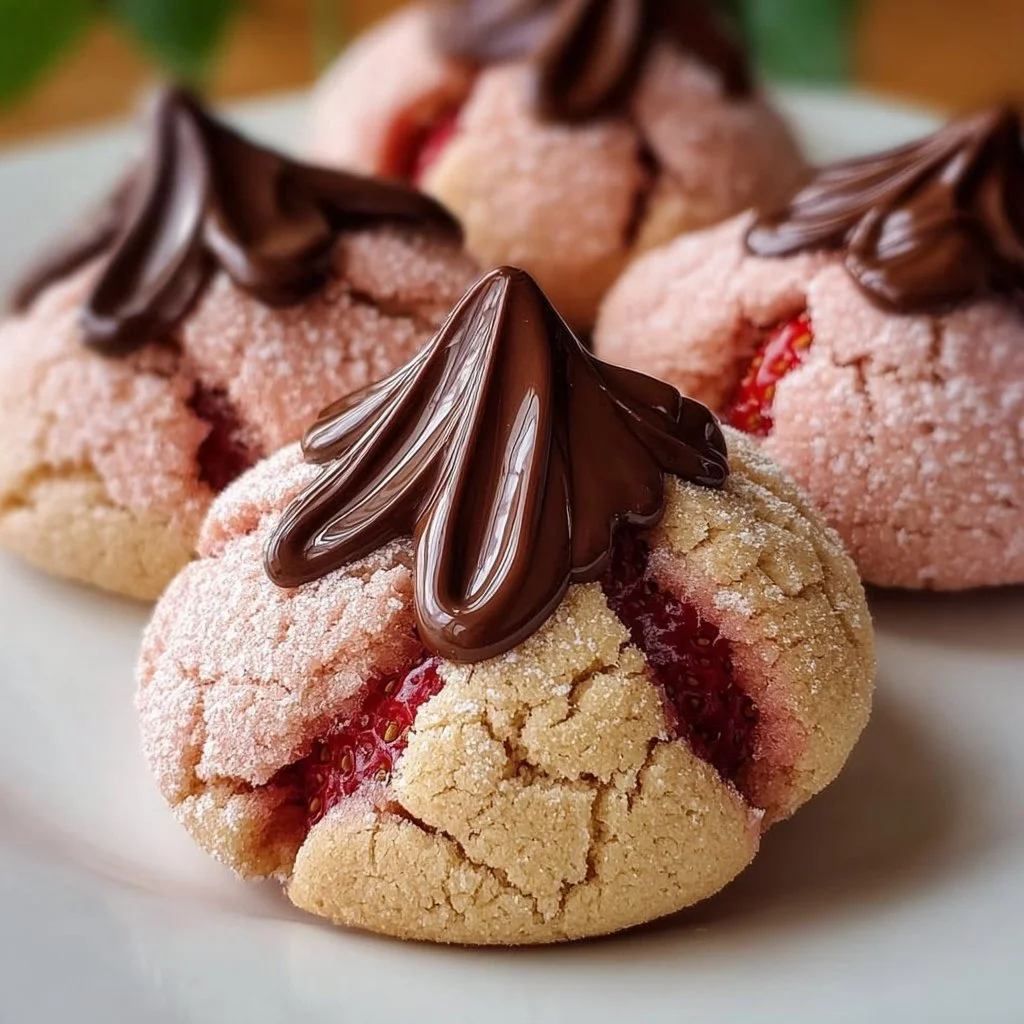 Freshly baked Strawberry Kiss Cookies topped with a strawberry candy
