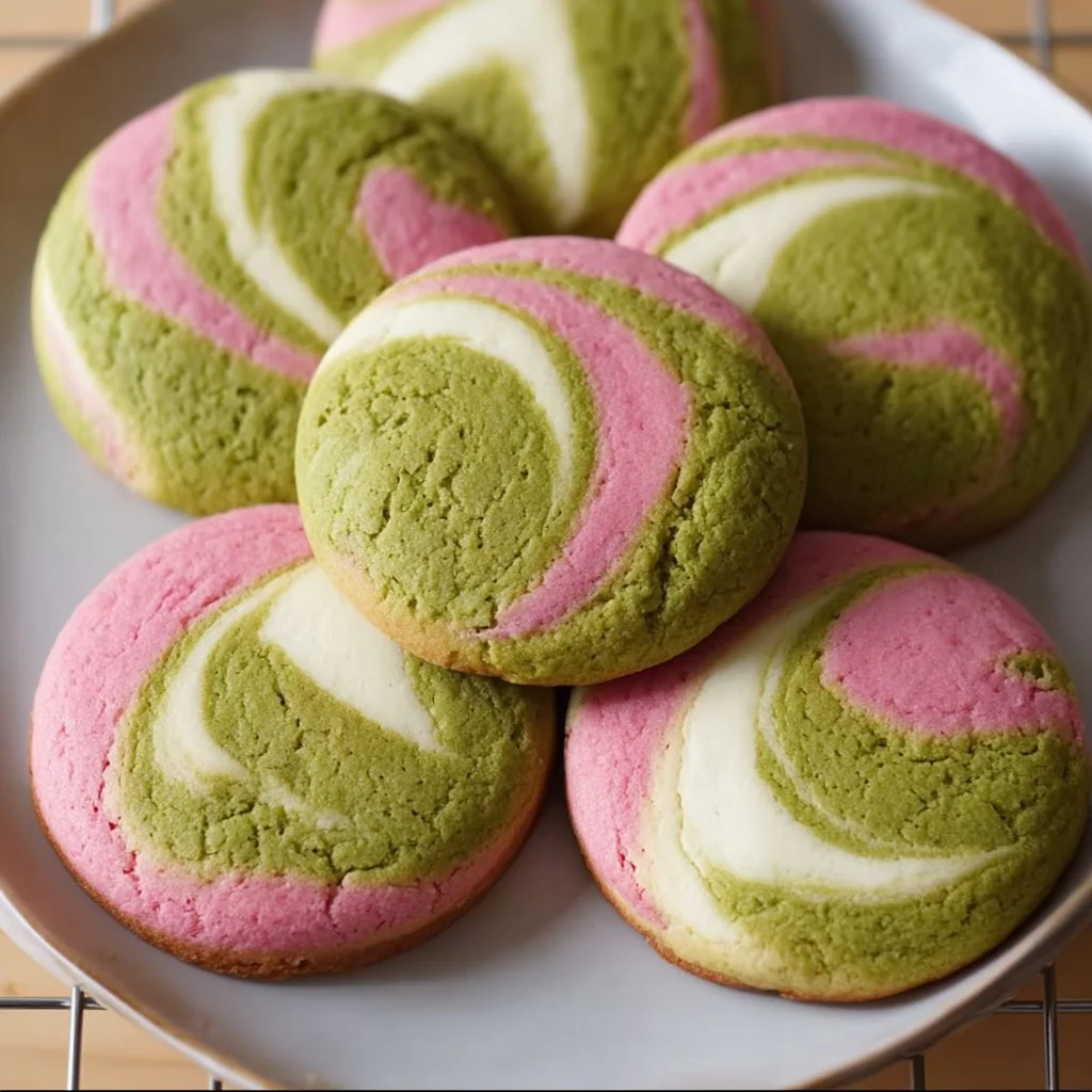 Freshly baked strawberry matcha marble cookies on a baking tray.