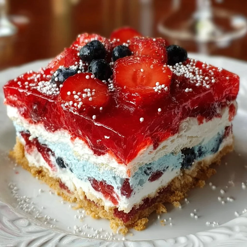 Summer Berry Jello Lasagna dessert with layers of berries and jello.