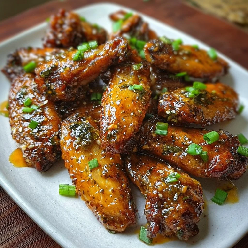 Delicious Sweet and Spicy Honey Garlic Jerk Chicken Wings served on a platter