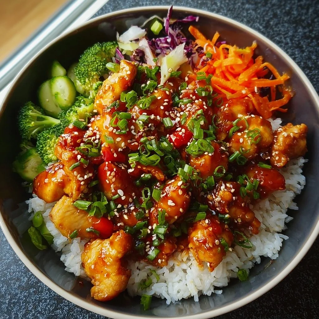 Sweet chili chicken rice bowls topped with fresh vegetables and herbs