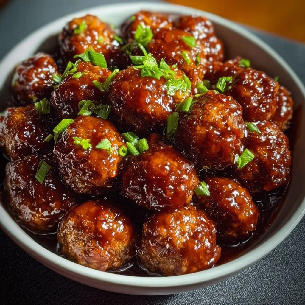 Crockpot sweet chili meatballs served in a bowl with fresh herbs