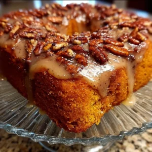 Slice of Sweet Potato Honeybun Cake with Pecans on a plate