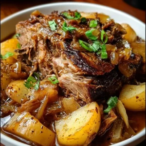 Tender pork shoulder braised in apple cider served on a rustic plate.