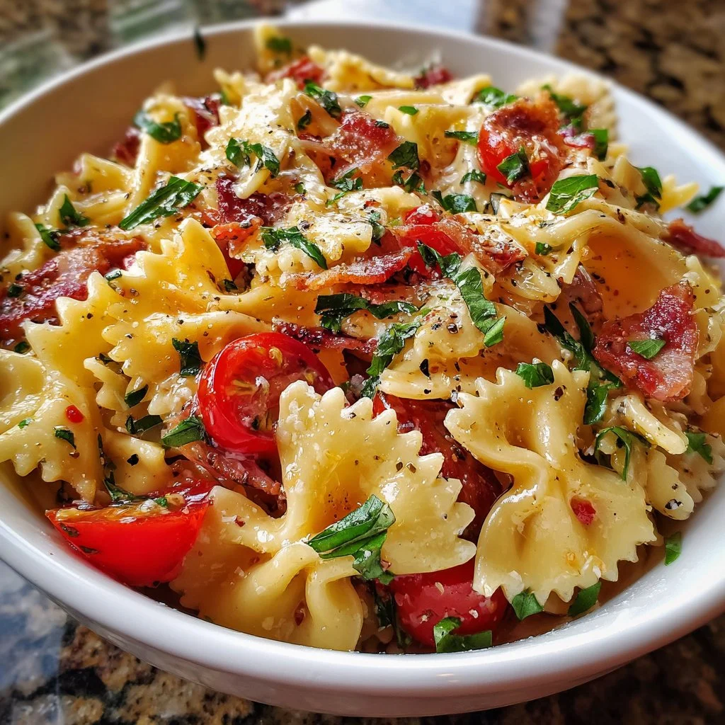 A vibrant bowl of BLT Pasta Salad with tomatoes, lettuce, and bacon.