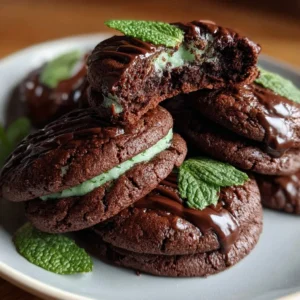 Deliciously baked chocolate mint cookies arranged on a plate.