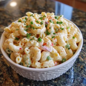 A bowl of classic macaroni salad garnished with fresh herbs and vegetables.
