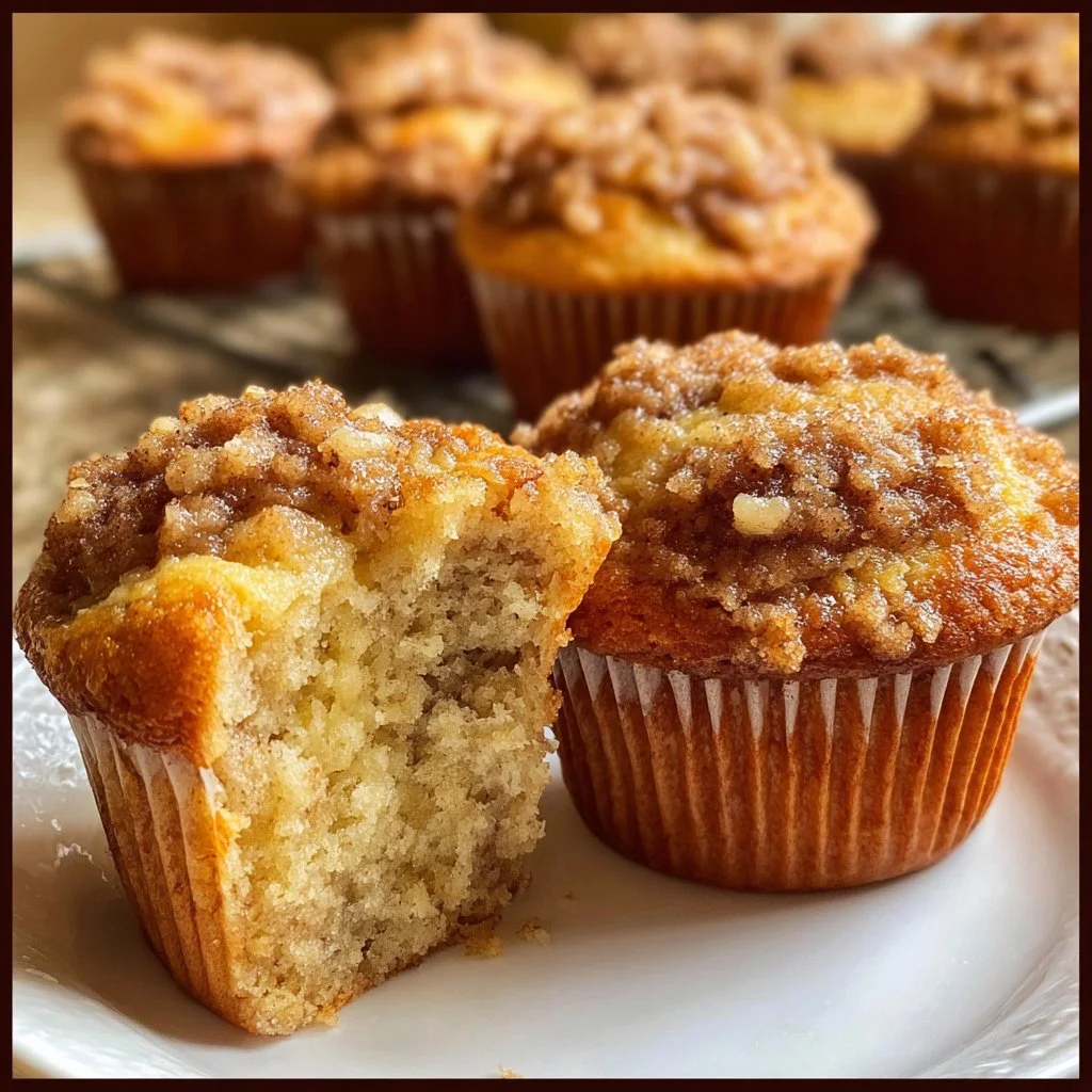 Delicious coffee cake banana bread muffins topped with a crumbly streusel