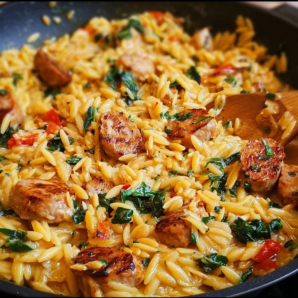 Creamy chicken sausage orzo dish in a skillet, garnished with herbs.