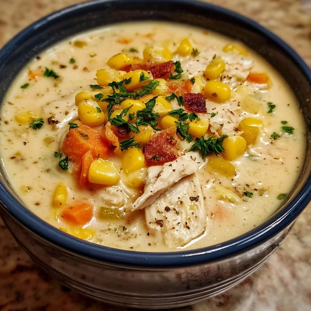 Delicious bowl of crockpot chicken corn chowder topped with fresh herbs