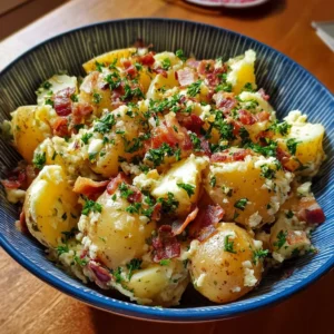 Bowl of the best German potato salad with fresh herbs and onions
