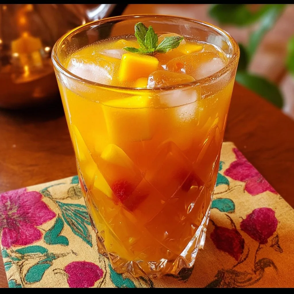 A refreshing glass of mango iced tea garnished with mint and slices of fresh mango.