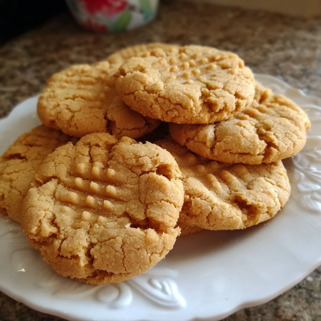 Delicious homemade peanut butter cookies stacked on a plate.