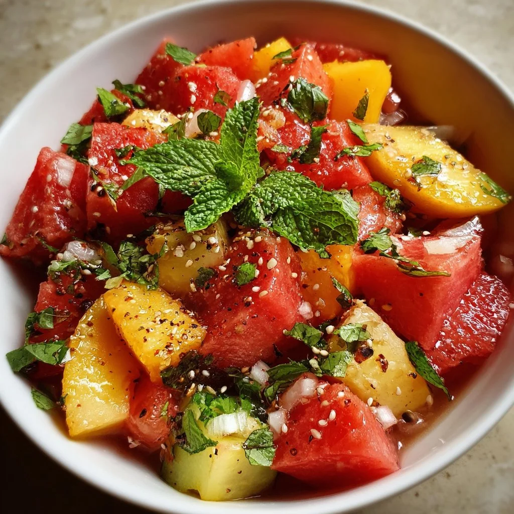 Refreshing summer peach watermelon salad served in a bowl