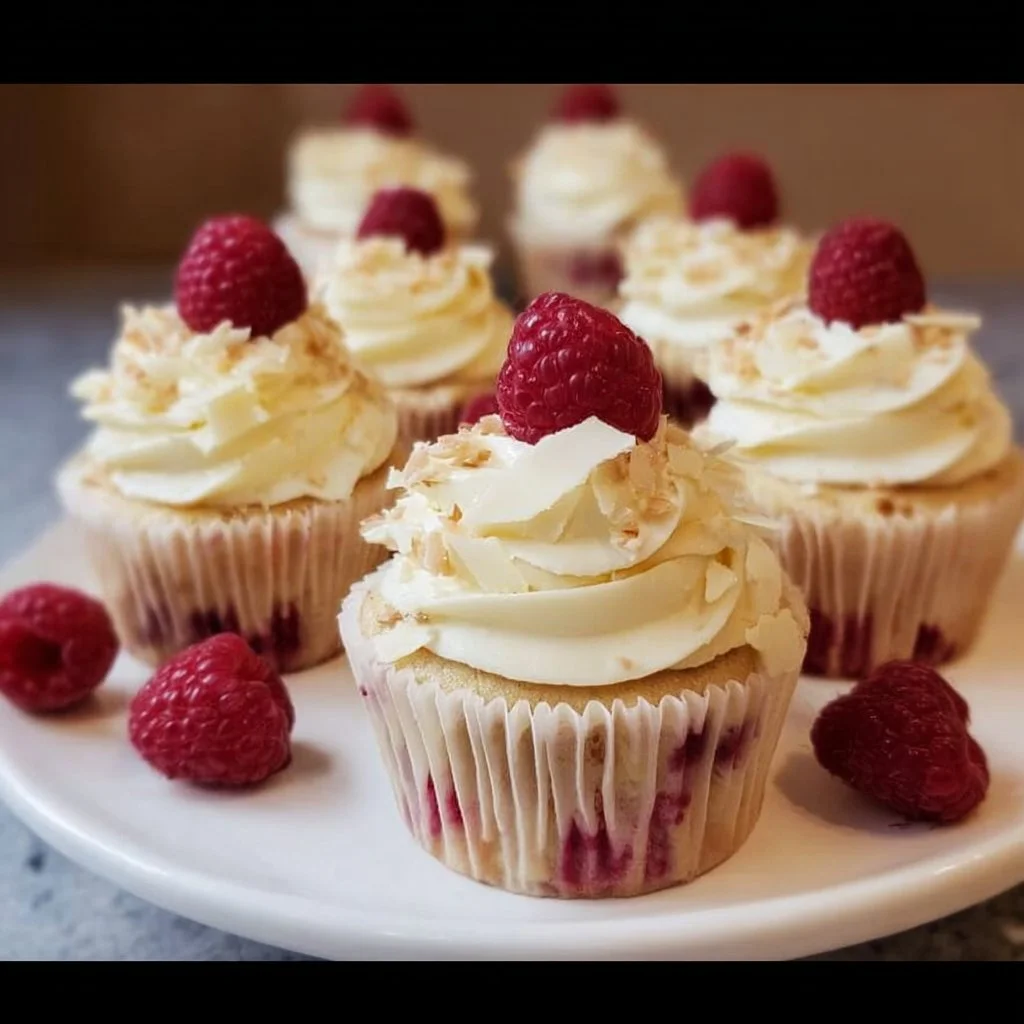 Delicious white chocolate raspberry cupcakes topped with creamy frosting
