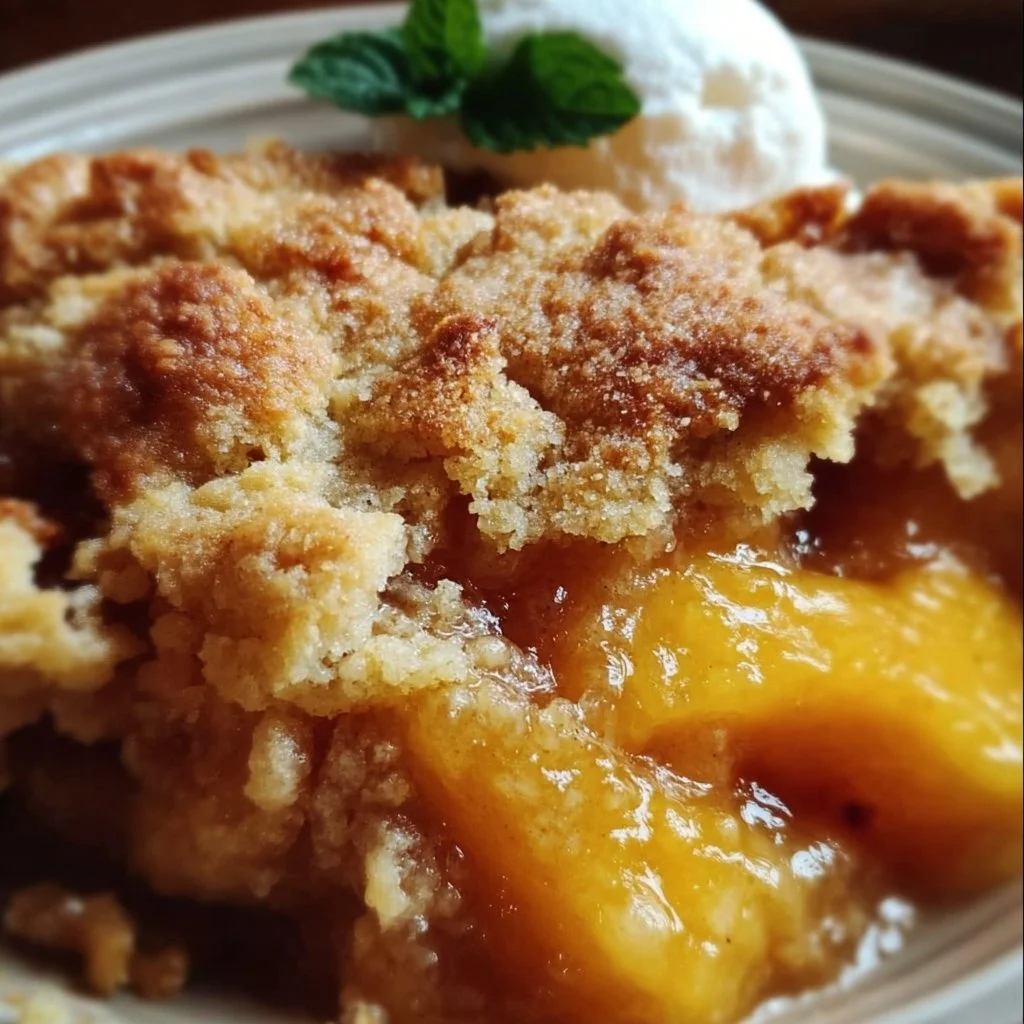 Delicious Southern peach cobbler with fresh peaches and flaky crust