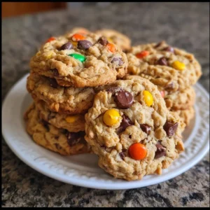 Thick and chewy Monster Cookies with chocolate chips and M&Ms