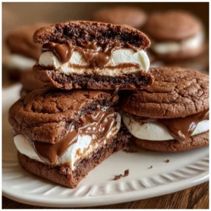 Thick Nutella marshmallow cookies with fudgy layers on a baking tray.