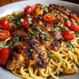 Plate of Tomato Basil Pasta with Balsamic Grilled Chicken garnished with basil
