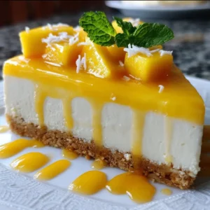 Delicious tropical mango cheesecake topped with fresh mango slices