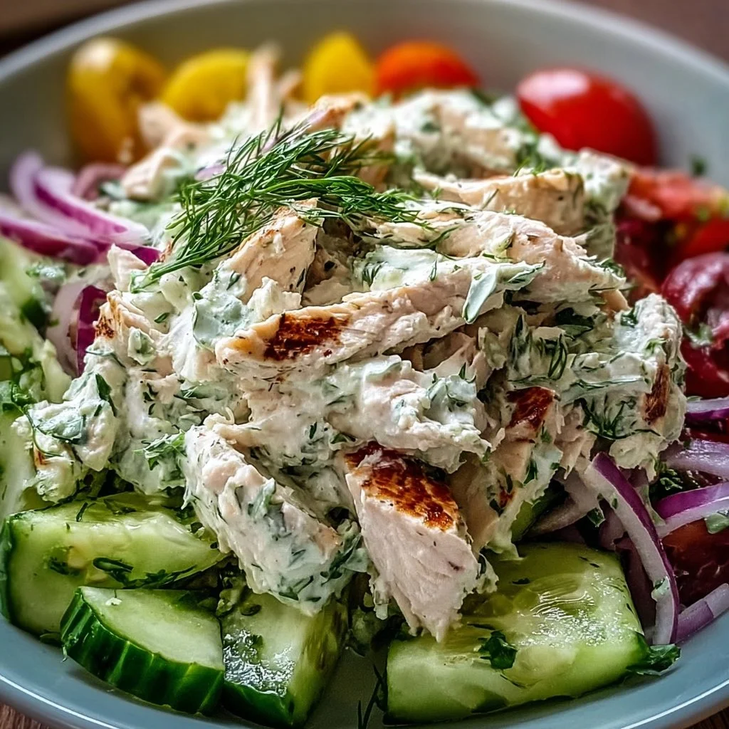 A bowl of Tzatziki Chicken Salad with fresh ingredients and tzatziki sauce