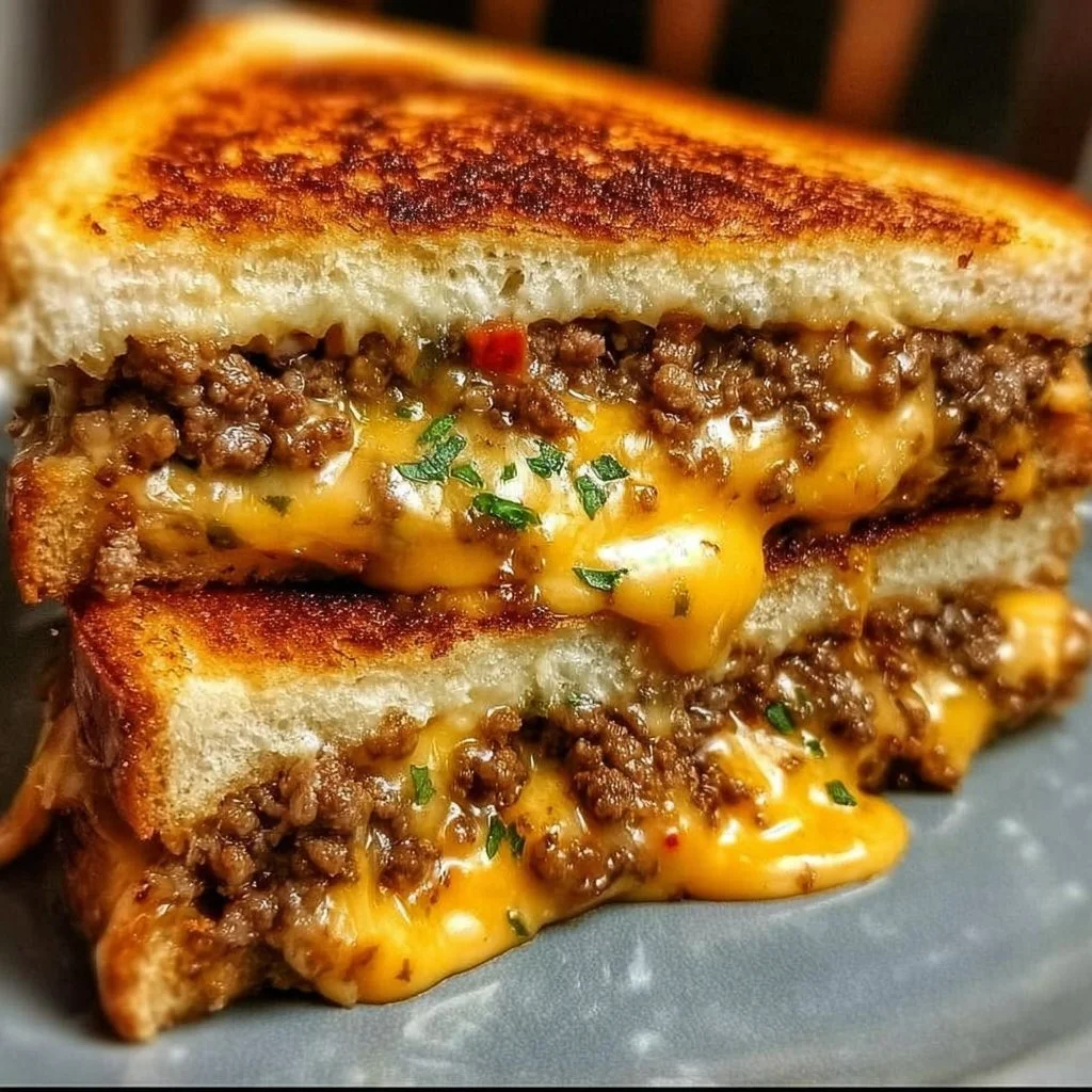 Delicious ultimate cheesy ground beef melt with melted cheese and beef on a plate.