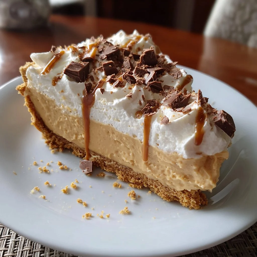 Delicious and creamy peanut butter pie topped with chocolate drizzle