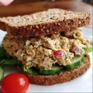 Vegan chickpea tuna salad served in a bowl with fresh vegetables.