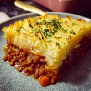Delicious Vegan Shepherd's Pie with Lentils topped with creamy mashed potatoes