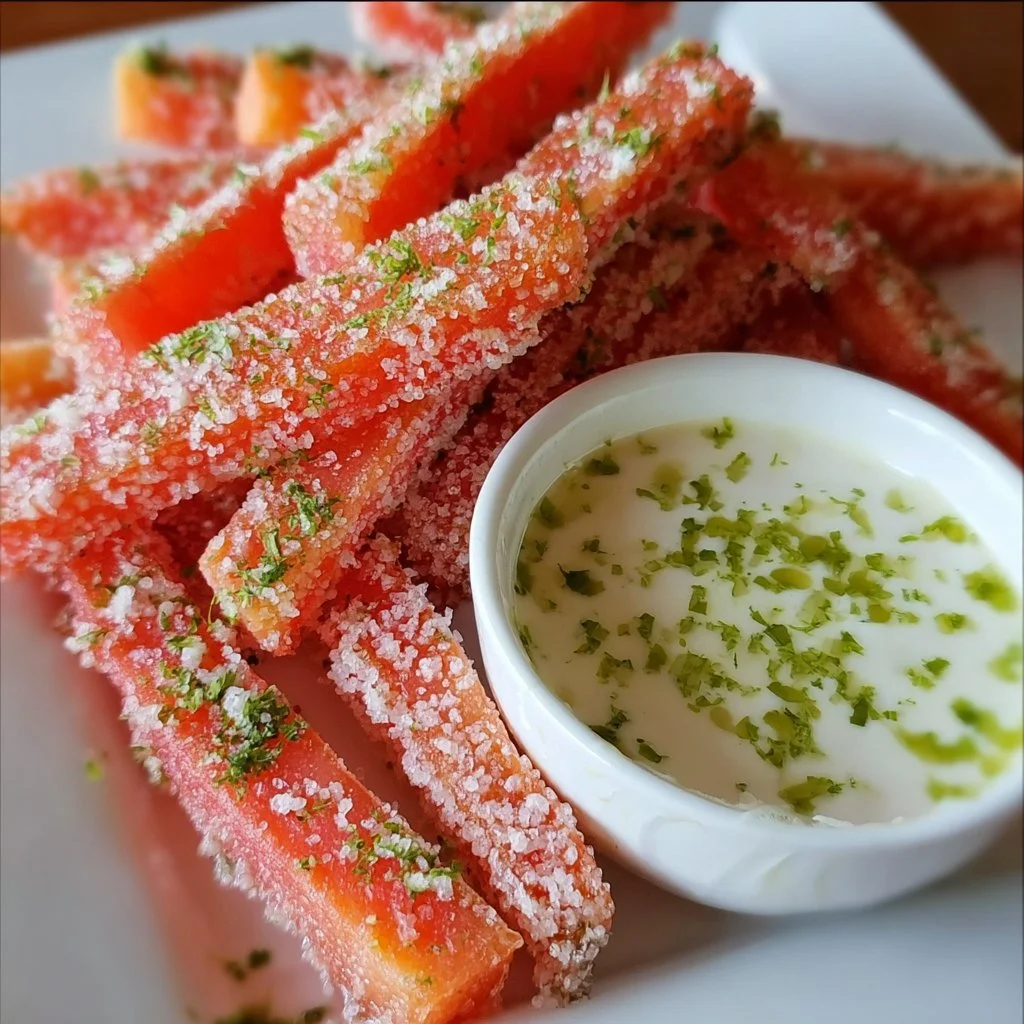 Delicious watermelon fries with a coconut lime dip