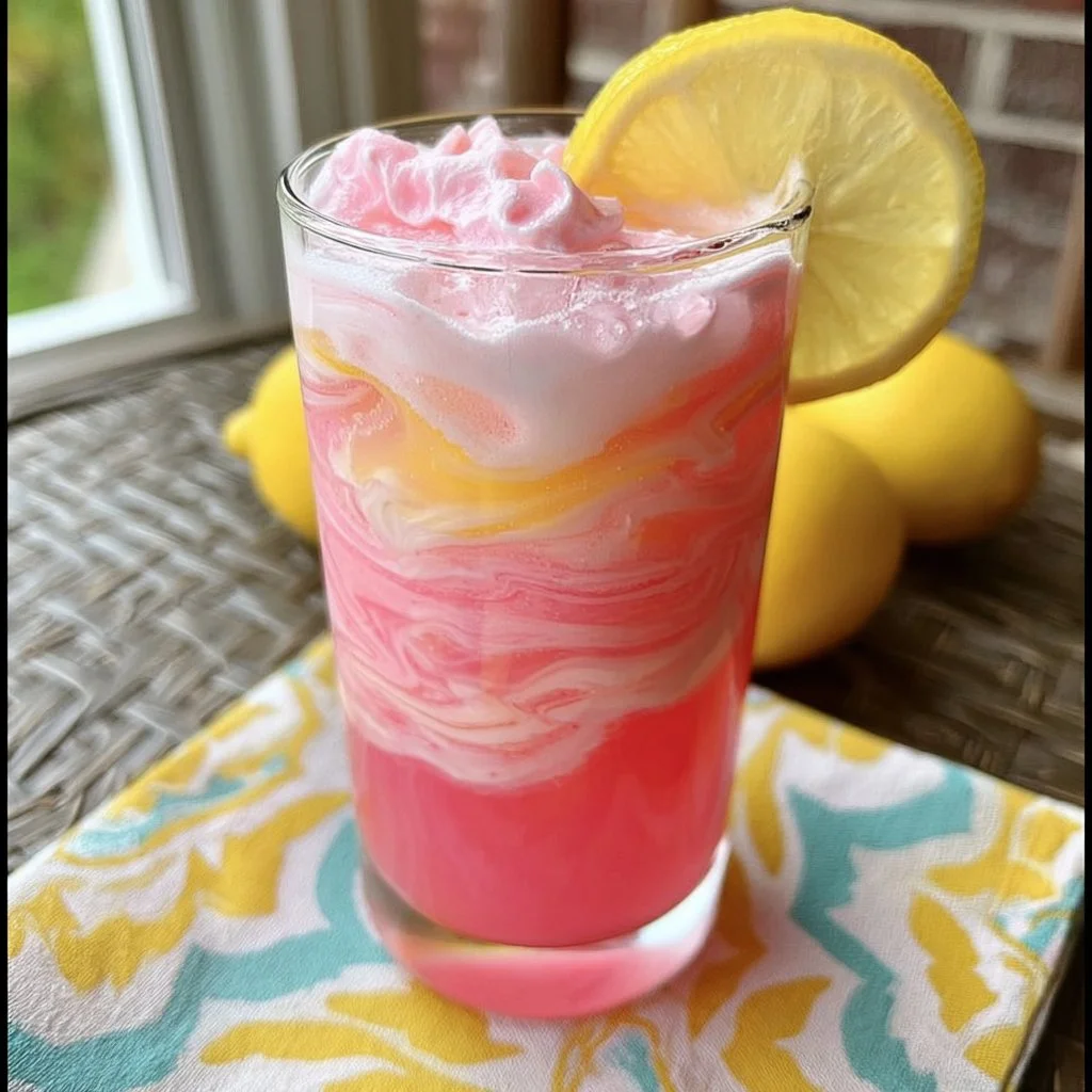A refreshing glass of whipped pink lemonade with a lemon slice garnish.