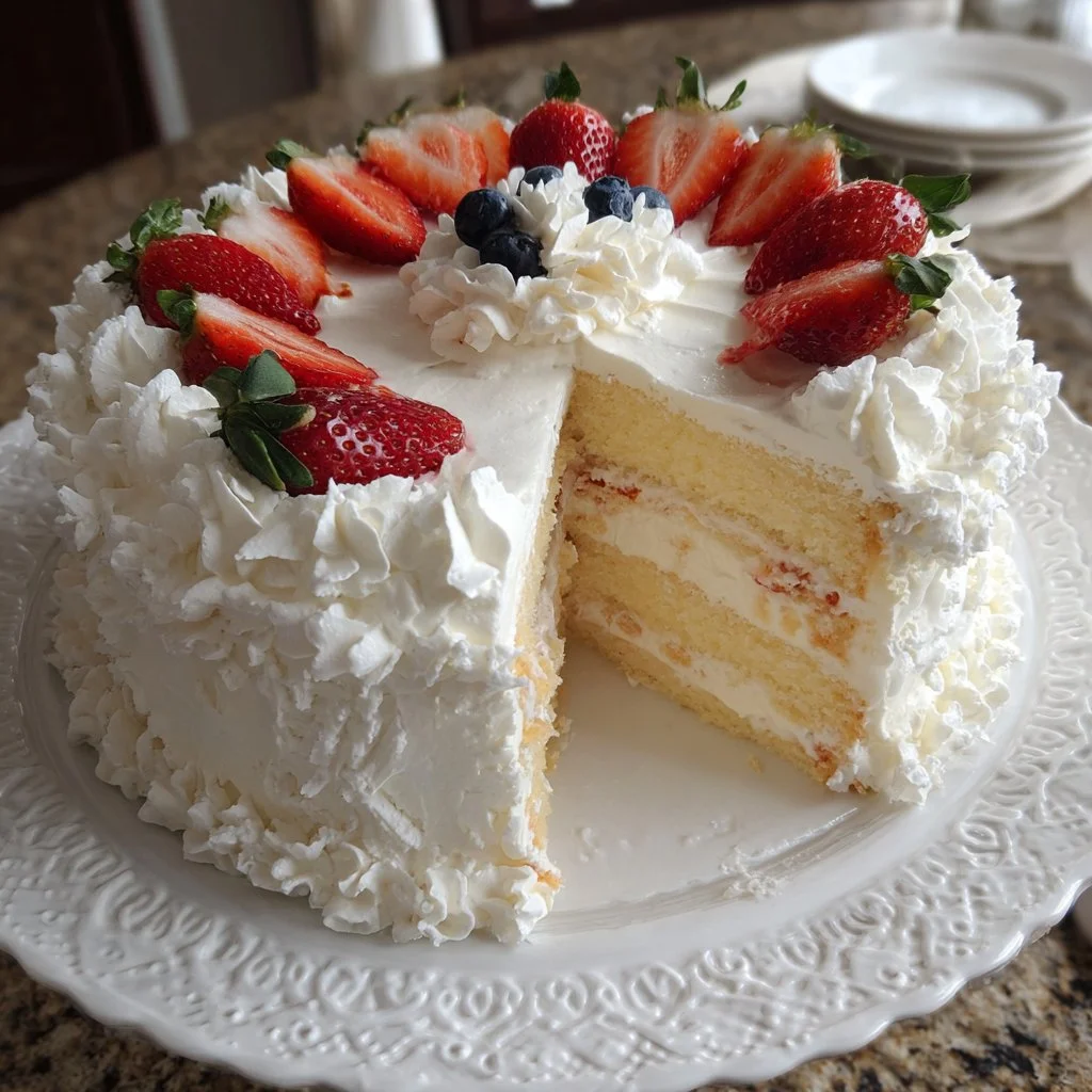 White Chantilly Cake with whipped cream and fresh fruit for a beautiful dessert