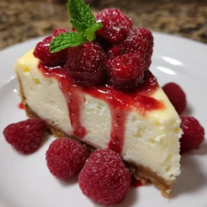 Delicious slice of White Chocolate Raspberry Cheesecake topped with fresh raspberries