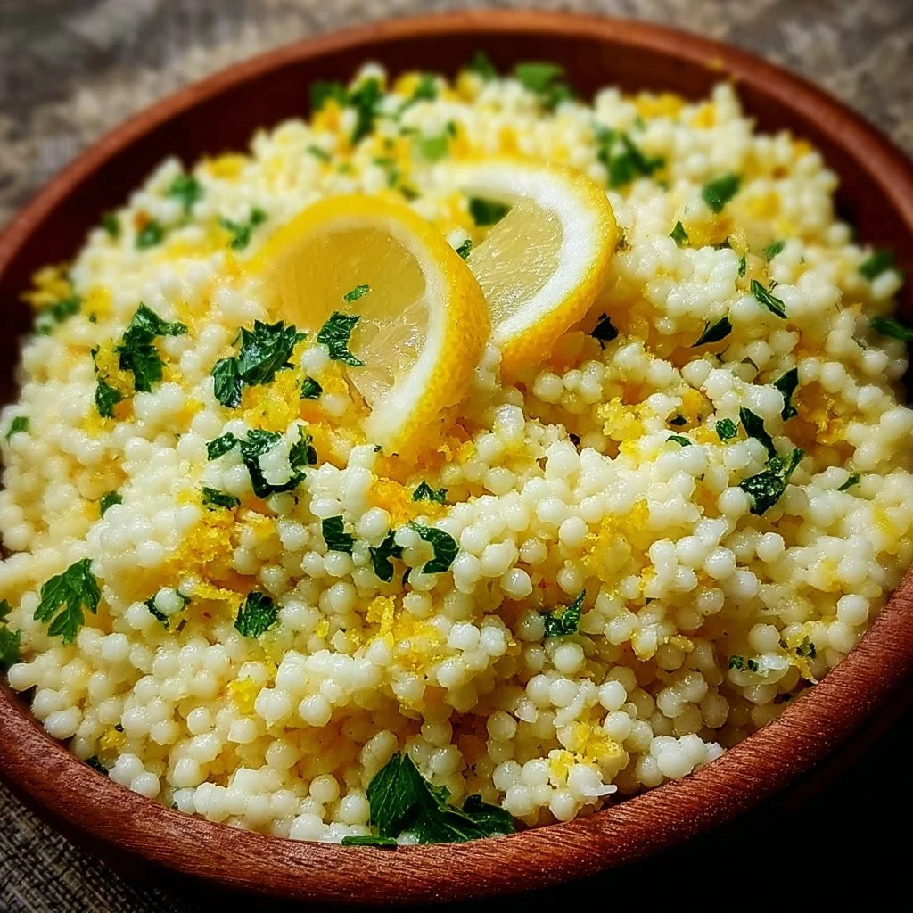 Bowl of zesty Lemon Parmesan Couscous garnished with parsley