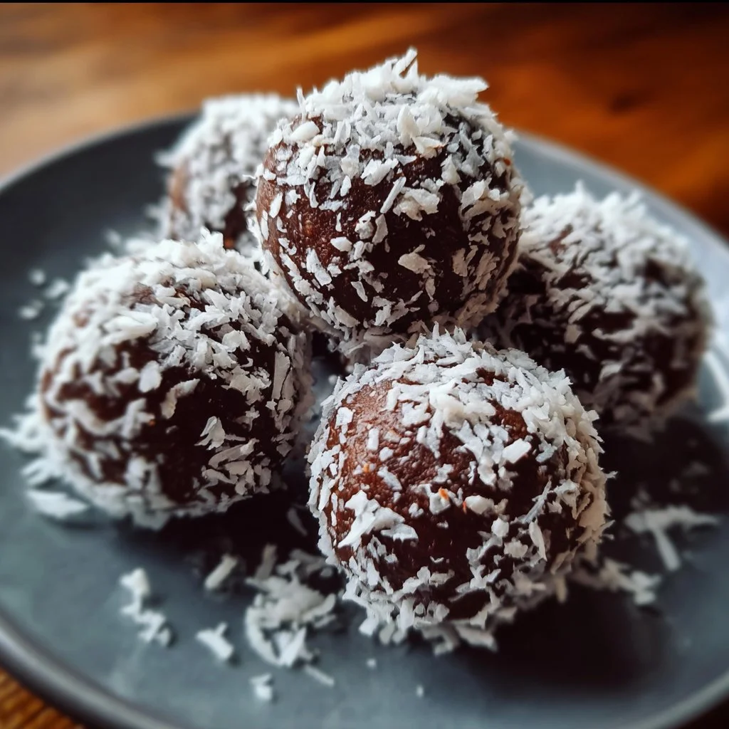 4-Ingredient dark chocolate coconut balls on a plate, ready to enjoy