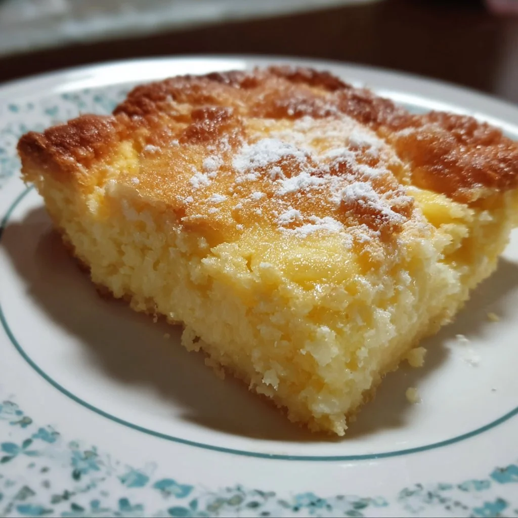 Delicious lemon cream cheese dump cake ready to serve with a slice cut out