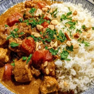 Bowl of rich African Peanut Stew with vegetables and spices