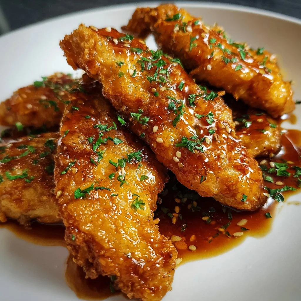 Crispy air fryer honey garlic chicken tenders served on a plate.
